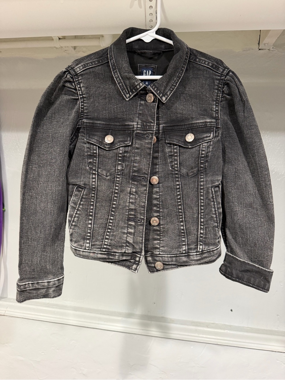 GAP Kids Washed Black Denim Puff Sleeve Jacket